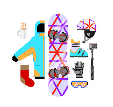 Vector illustration snowboard equipment collection in flat style.