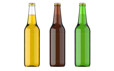 Bottled beer yellow, green and brown colors or beverage or carbonated drinks. Studio 3D render, isolated on white background