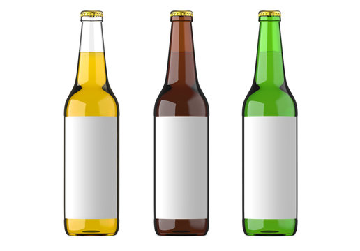 Bottled beer yellow, green and brown colors or beverage or carbonated drinks with white label. Studio 3D render, isolated on white background