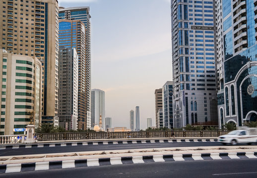Sharjah. Summer 2016. Modern skyscrapers in urban city style