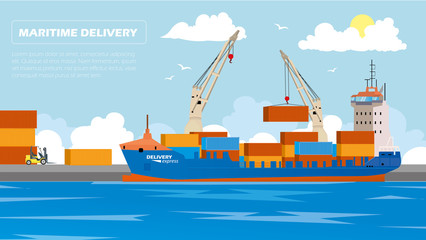 Transport cargo sea ship loading containers by harbor crane in shipping port vector illustration - obrazy, fototapety, plakaty
