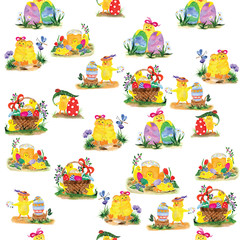 Seamless pattern made of easter watercolor illustrations with chickens and eggs