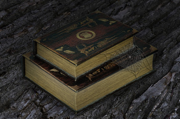 Old books on the bark tree’s background