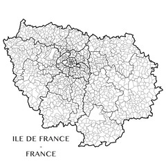 Detailed map of the region of Ile de France, France including all the administrative subdivisions (departments, arrondissements, cantons, and municipalities). Vector illustration
