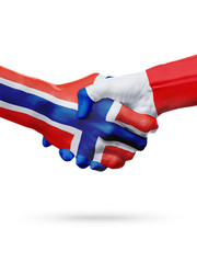 Fototapeta premium Flags Norway, France countries, partnership friendship handshake concept.