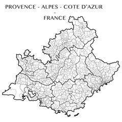 Detailed map of the region Provence-Alpes-Cote d'Azur, France including all the administrative subdivisions (departments, arrondissements, cantons, and municipalities). Vector illustration