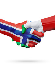 Flags Norway, Italy countries, partnership friendship handshake concept.