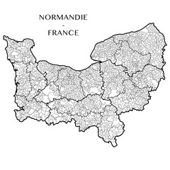 Detailed map of the region of Normandy (Normandie), France including all the administrative subdivisions (departments, arrondissements, cantons, and municipalities). Vector illustration