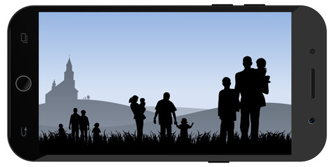 Fototapeta na wymiar Young people with children going to church vector illustration.