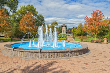 Water Fountain And Clock Tower In Naperville Illinois