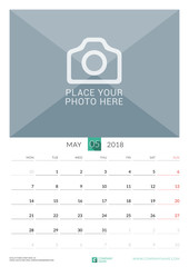 May 2018. Wall Monthly Calendar for 2018 Year. Vector Design Print Template with Place for Photo. Week Starts on Monday. Portrait Orientation