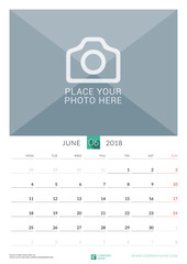 June 2018. Wall Monthly Calendar for 2018 Year. Vector Design Print Template with Place for Photo. Week Starts on Monday. Portrait Orientation