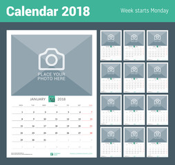 Wall Monthly Calendar for 2018 Year. Vector Design Print Template with Place for Photo. Week Starts on Monday. Portrait Orientation