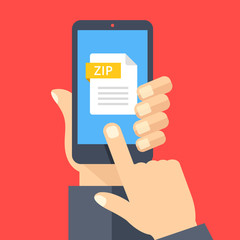 Zip file on smartphone screen. Hand holds smartphone, finger touches screen. Download, open zip archive on phone, mobile device. Modern graphic elements. Flat design vector illustration