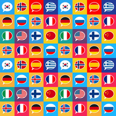 Speech bubbles with different countries flags in flat design style, seamless pattern