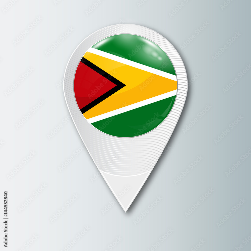 Sticker pointer with the national flag of guyana in the ball with reflection. tag to indicate the location. 