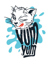 Cute kitten says yum yum. Illustration of a licking cat with hand lettering on a splashing milk background