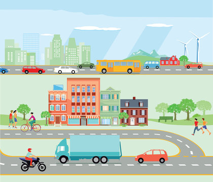 Straßenverkehr mit Umgehungsstraße und Autobahn Illustration
