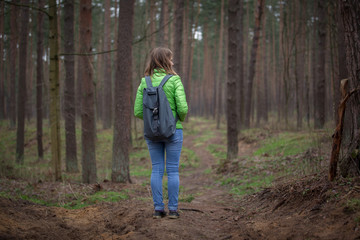 Obraz premium tourist walking in the wood, forest
