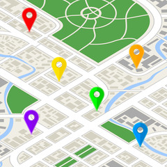 Detailed city map in isometric view with colourful GPS pins