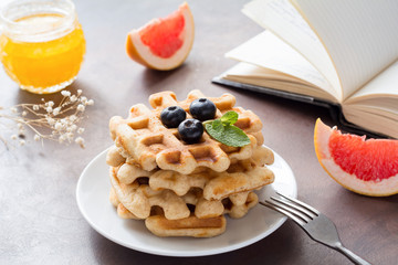 Tasty breakfast with beglian waffles, honey and fresh fruits. Morning still life