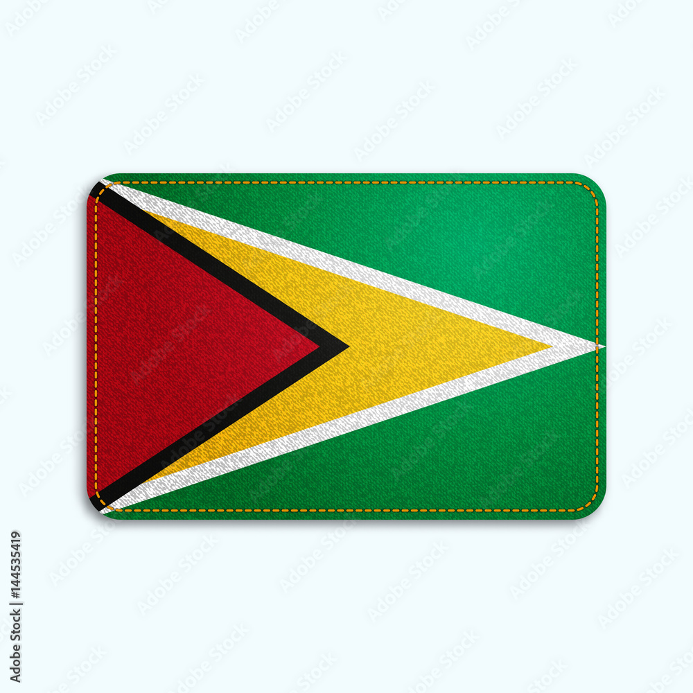 Sticker national flag of guyana with denim texture and orange seam. realistic image of a tissue made in vect