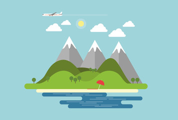 Fototapeta na wymiar Flat design landscape with island with mountains, hills and beach by the sea and plane flying in the blue summer sky with sun and clouds