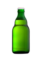 Green glass beer bottle with white cap on white