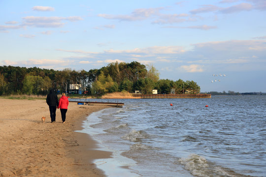Para ludzi spaceruje z psem po plaży wzdłuż  jeziora.