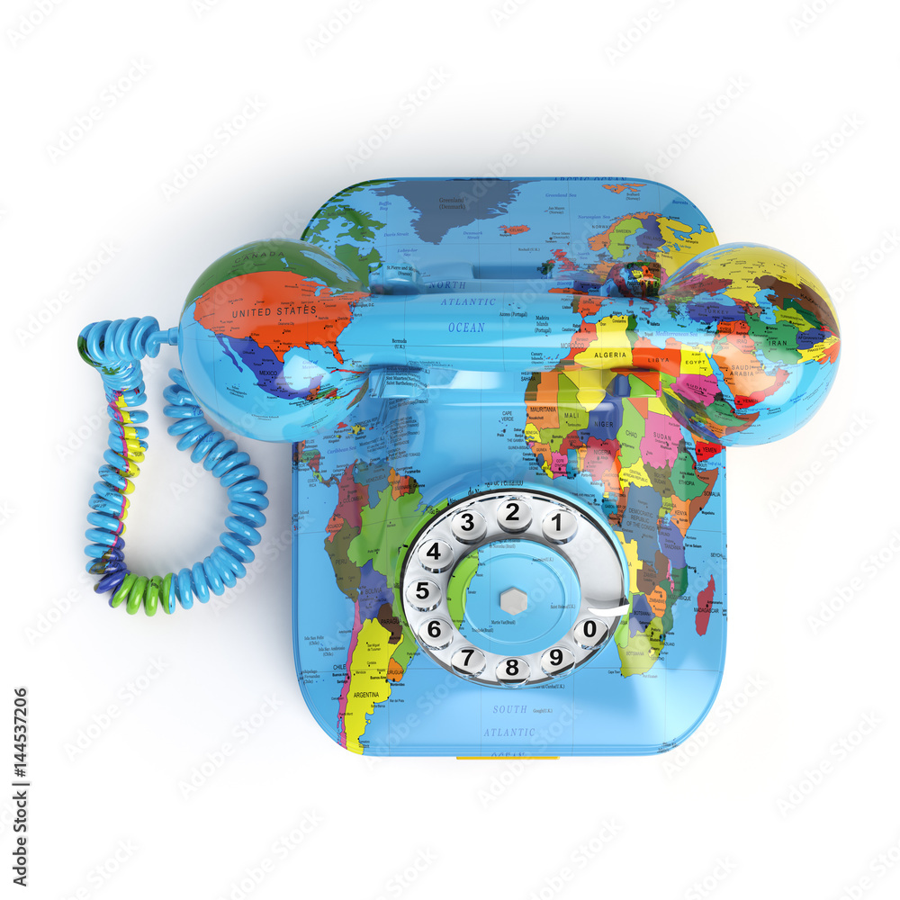 Poster global communication concept. telephone with erth texture isolated on white