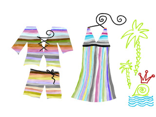 Colorful hand drawn silhouette of beach cloth and abstract symbols of sea life as palms and shelve on white background, isolated illustration painted by oil color, high quality