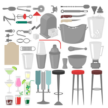 Flat Barman Mixing, Opening and Garnishing Tools. Bartender equipment. Isolated instrument icon