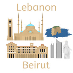 Fototapeta premium Sylwetka panoramę miasta Bejrut. Płaski baner ikony turystyki libańskiej, pocztówka. Koncepcja podróży Libanu. Pejzaż miejski z architekturą zabytków.
