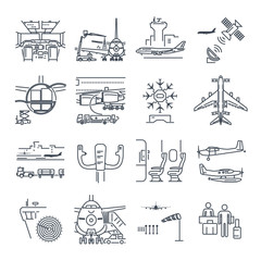set of thin line icons airport and airplane, control tower, aircraft