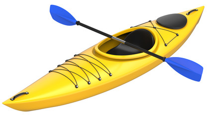 Yellow plastic kayak with blue paddle. 3D render, isolated on white background - obrazy, fototapety, plakaty