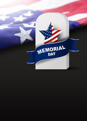 Memorial day concept of gravestone and American flag on black background