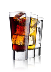 Fototapeta na wymiar Glasses of energy drink cola and sparkling water