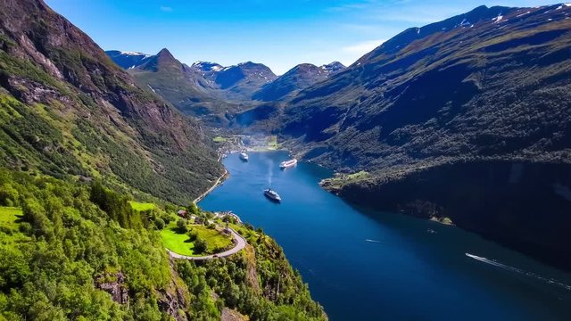 Geiranger fjord, Beautiful Nature Norway Aerial footage.