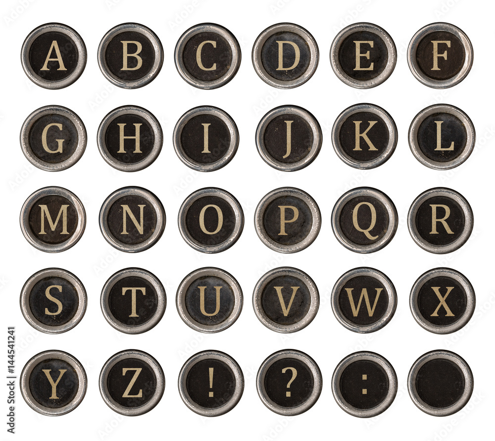 Poster set of old typewriter keys with alphabet on it isolated on white background