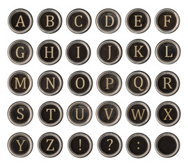 Set of old typewriter keys with alphabet on it isolated on white background