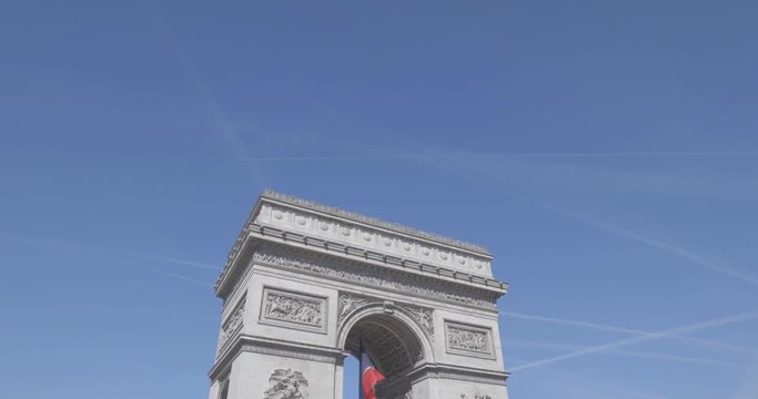 Arc de Triomphe Etoile Paris France French Flag Sunny weather Panoramic (4K / Log / Flat Colours)