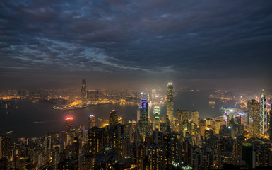 Overlooking the city night view of Hong Kong