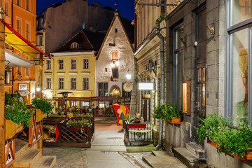 Fototapeta premium amazingly beautiful street in Tallinn's old town. Interesting street which is beside the town hall square. Historical landmark in Estonia. The medieval architecture. The summer season.Night.