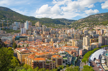 Fototapeta premium City of Monte Carlo view, residential buildings raised on mountains. 