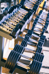  Dumbbelle weights equipment in a row at the gym