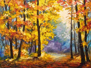 Fotobehang Landschap met olieverfschilderij - herfstbos bij de rivier, oranje bladeren © Fresh Stock