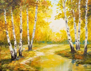 Ölgemäldelandschaft - Herbstwald in der Nähe des Flusses, orangefarbene Blätter © Fresh Stock