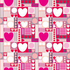 Seamless vector background with hearts, circles and geometric shapes. Retro 50s, 60s. Vintage background for printing on paper, packaging, gift wrapping, upholstery, lining, fabric, textile, bedding.