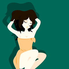 Brunette in a towel among the stars that raises her hair, vector