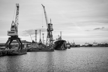 Ship and port cranes at repair area.